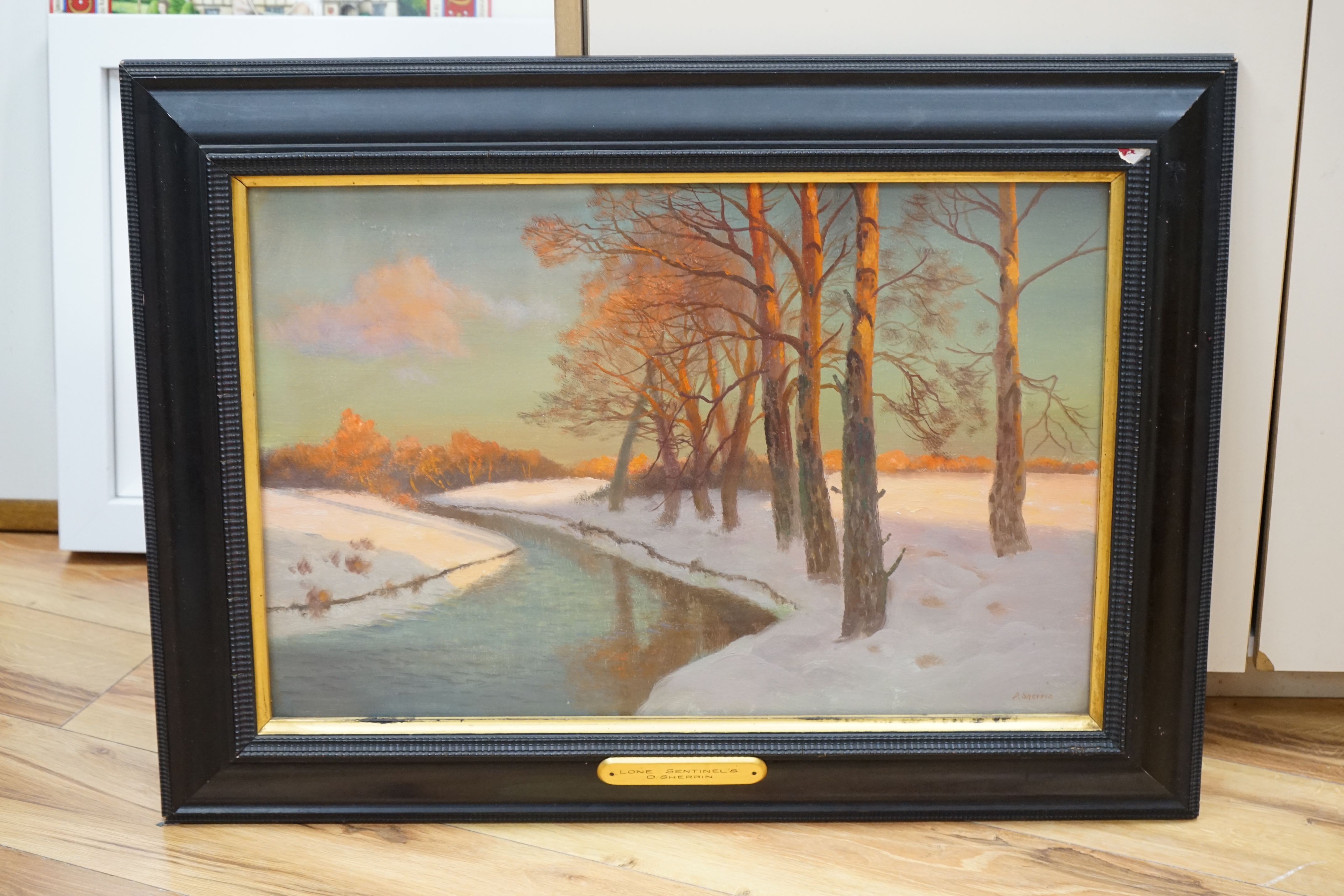 Daniel Sherrin (1868-1940), oil on canvas, Winter riverscape, signed, plaque to the frame inscribed 'Lone Sentinels', 39 x 60cm